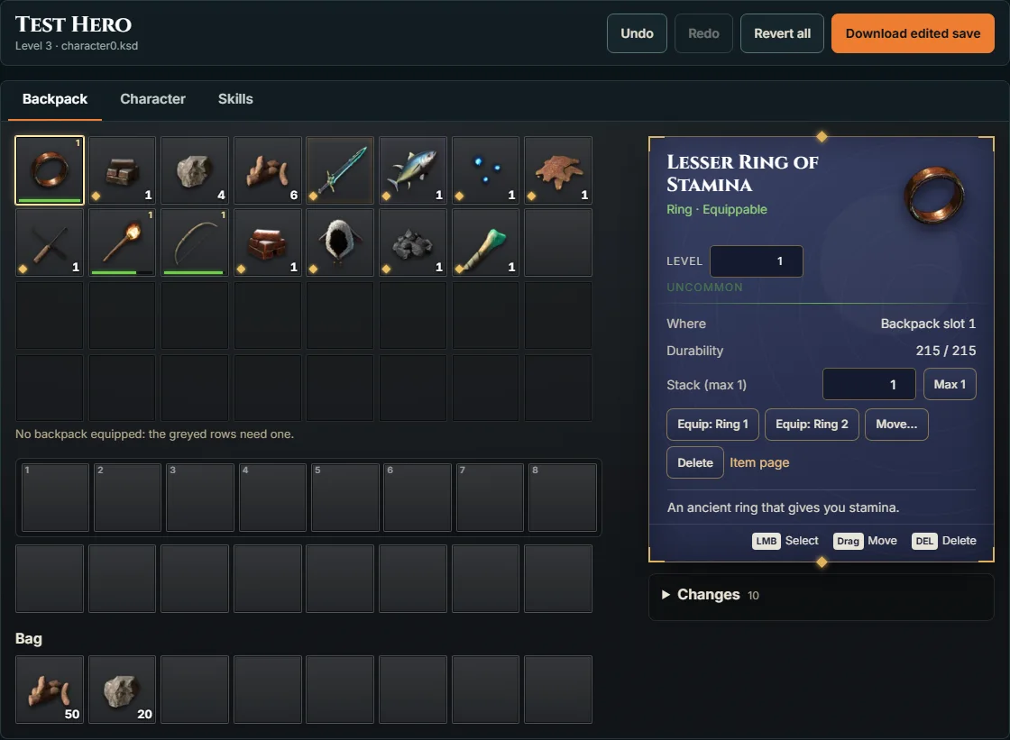 The Backpack tab with a Lesser Ring of Stamina selected