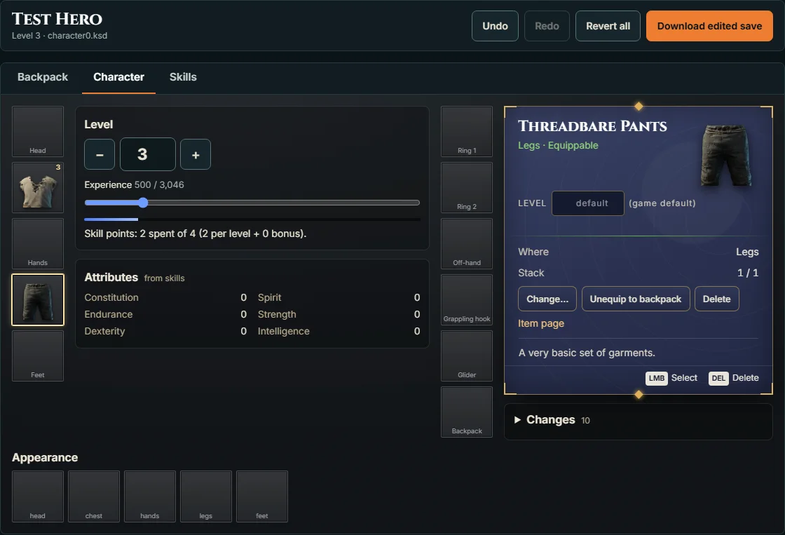 The Character tab with level, XP, attributes and Threadbare Pants selected