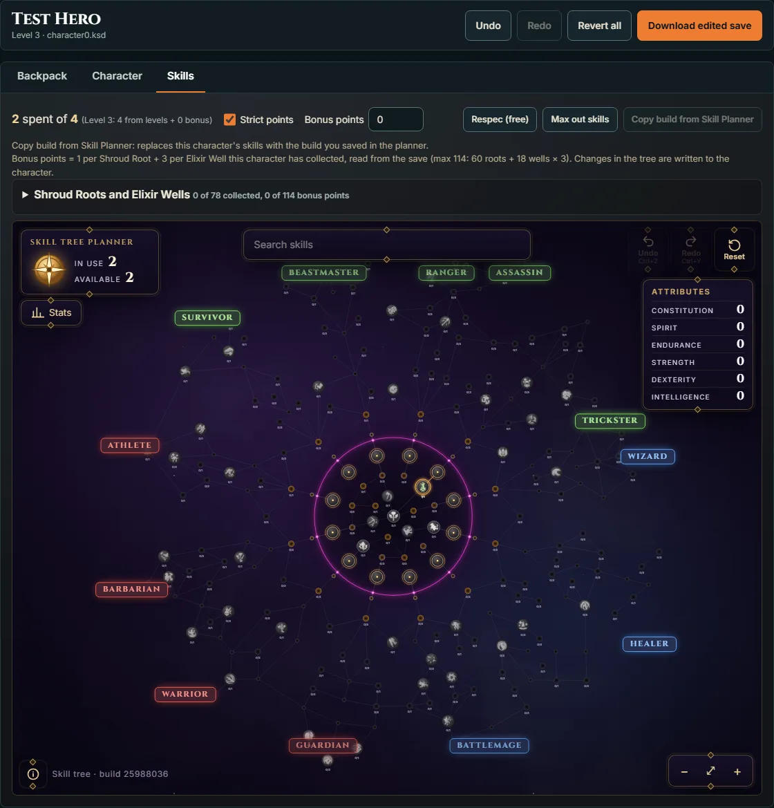 The Skills tab with the skill tree planner inside the editor